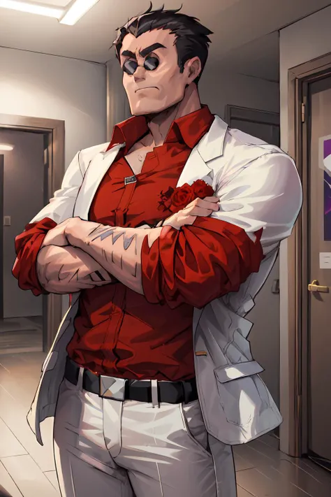 masterpiece,best quality,1boy,mature male,hthelltaker,arm hair,black hair,sunglasses,white jacket,red shirt,collared shirt,sleeves rolled up,white pants,crossed arms,indoors,<lora:helltaker_helltaker:1>,