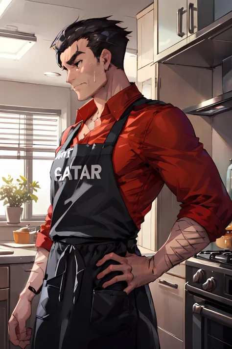 masterpiece,best quality,1boy,mature male,hthelltaker,arm hair,black hair,((black eyes)),red shirt,collared shirt,black apron,(awkward),sweatdrop,looking to the side,indoors,kitchen,<lora:helltaker_helltaker:1>,