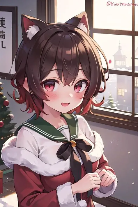 masterpiece,best qualitiy,high detail, mutsuki_kantaicollection <lora:mutsuki_kantaicollection:0.7>,upper body,smile,present box,santa costume,winter,indoor,window,snow,spoken heart,speech bubble,text,blush,