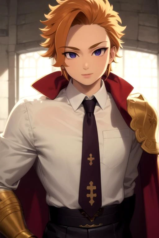 masterpiece, best quality, ultra-detailed, illustration, 1boy, solo, male focus, looking at viewer, , , <lora:arthur_pendragon:0.74>, arthur_pendragon, , cape, , formal, necktie, dress shirt