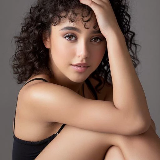 arafed woman with curly hair sitting on a stool with her hand on her head