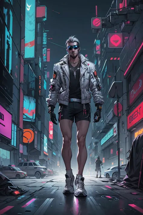 (cyberpunk city  background:1.4),cyberpunk,Concept art,standing figure painting,science fiction characters,1man,solo,male focus,gloves,black gloves,jacket,standing,full body,shoes,white jacket,sneakers,grey hair,necklace,jewelry,goggles,facial hair,shorts,...