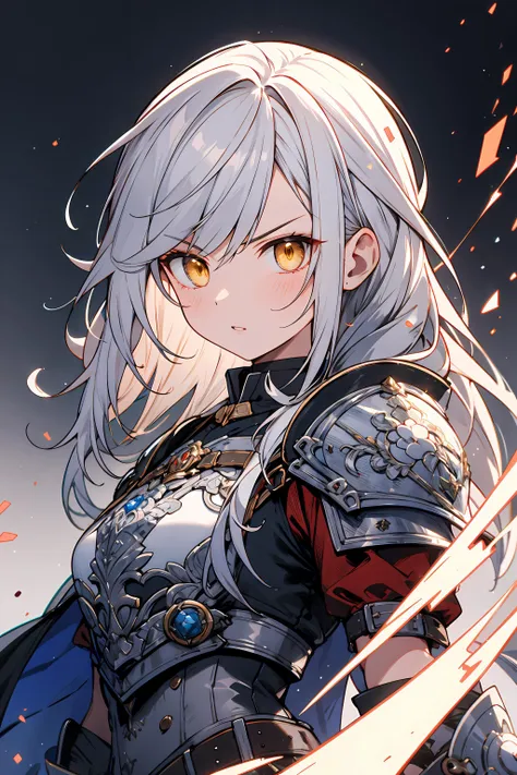 a woman with long white hair and yellow eyes in armor