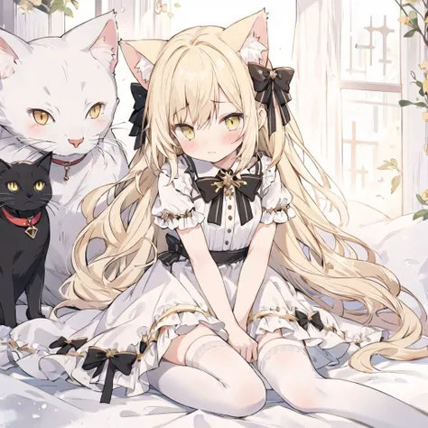 anime girl sitting on bed with two cats in background