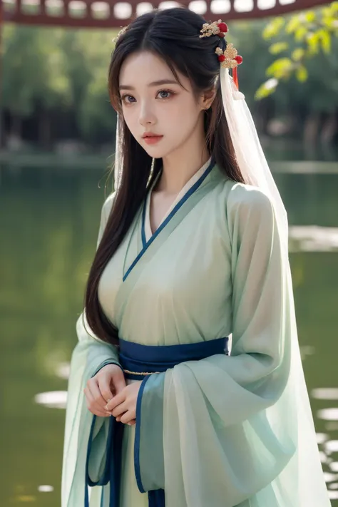 (Best Quality, Masterpiece:1.4), (Realism:1.2), (Realisitc:1.2), (Absurdres:1.2), (photorealistic:1.3), 1 girl,Realistic Skin,Solo,( Very Big Eyes,beautiful detailed eyes, symmetric eyes,),<lora:hanfu jingzhi_20240119235833:0.4>,Hair Ornaments,,hanfu, chin...