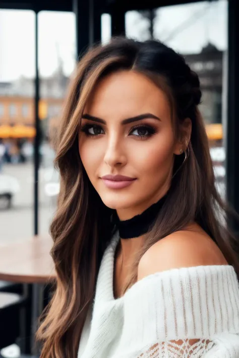 a woman with long hair and a white sweater sitting at a table