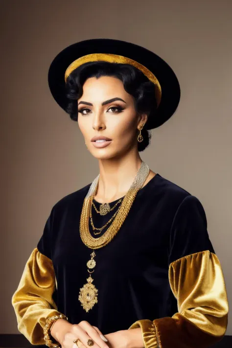 a woman in a black and gold dress and hat