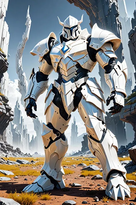 a ginormous and glossy white armor in a ground level view in the style of long shot view, no more, <lora:sdxl_lightning_8step_lo...