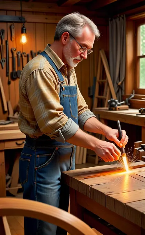 in "cutwork harmony," a warm glow illuminates a woodworker, 42 years , standing amidst the hum of machinery at a bustling gym. h...