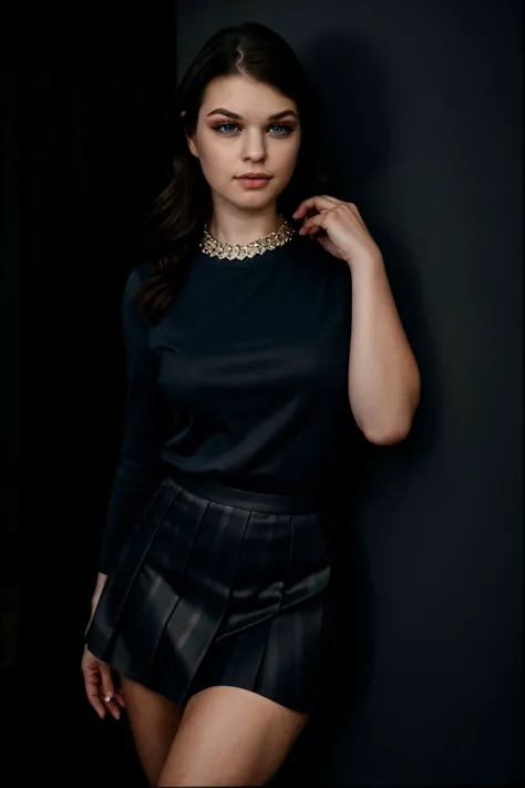 <lora:AnastasiaRose_v1.0:1> AnastasiaRose
(female in a dark theme),Beauty photo, facing viewer, 
with (
Navy blue striped boatneck shirt        Dark blue high-waisted skirt    Black pumps     Statement diamond necklace, 
:1.2)
(long wavy hair:1.1) hairstyl...