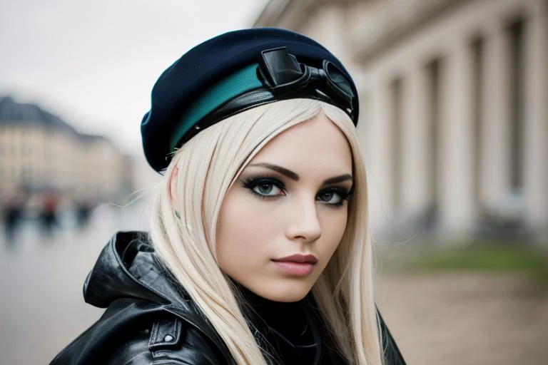 <lora:cybergoth-fC_v1.0:0.85> cybergoth 1girl, ((as Female Resistance Fighter (France, WWII): Wearing worn civilian clothes to blend in, wearing aged beret or scarf, and an old French Resistance flag patch, with blonde hair tied in a), dynamic posing,) ((d...