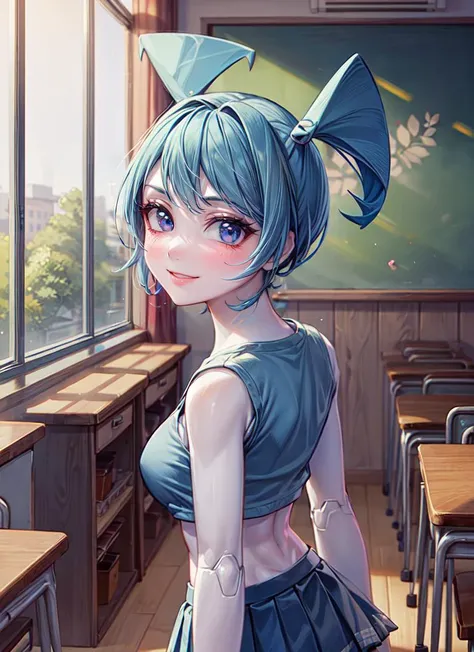 anime girl in a school uniform standing in front of a classroom