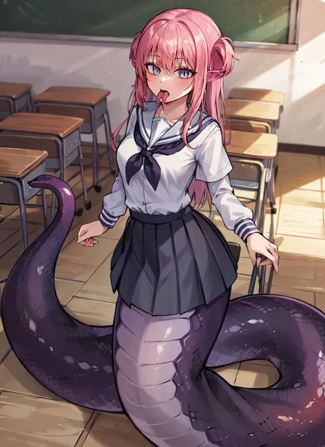 anime girl with pink hair and a skirt holding a snake