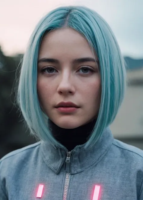 a woman with blue hair and a light up jacket