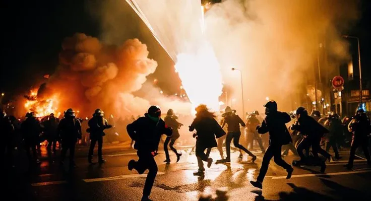 (8k, RAW photo, best quality, masterpiece:1.2), cinematic shot of chaotic riot on street of paris, fire, smoke, tear gas, firework, protesters running, taken on hasselblad camera, sharp focus, (depth of field:0.6), cinematic color grade