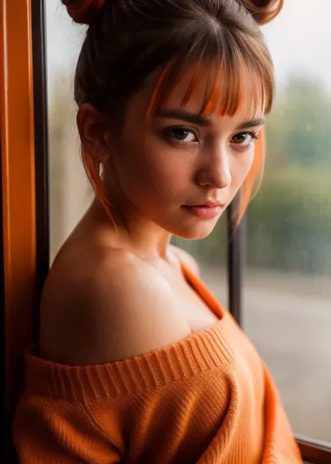 Water drops on window, heavy rain outside, Strong fluorescent light, sitting woman, 25 yo, (bangs hair:1.2),  (pastel orange hair,  double bun hair:1.36),faint lips, cowboy shot, front view, wear a  off-shoulder sweater , in the train, rural landscape, win...