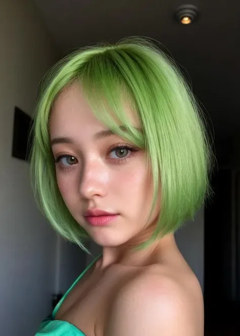 a close up of a woman with green hair and a green dress