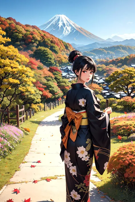 official art, beautiful woman, kyoto, paint kimono, black hair, topknot, flower Japanese hairpin, cowboy shot, outdoors, Autumn, colored leaves, autumn leaves, fallen leaves, flower fields, paths, mountains changing colors in the distance