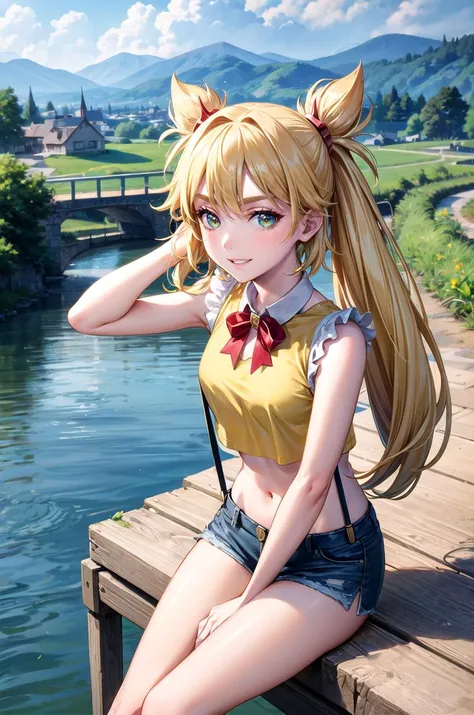 (masterpiece, best quality, detailed), 1girl, solo, looking at viewer, ninny, twintails, blonde,
suspenders, midriff, short shorts, yellow shirt, sleeveless, crop top, open fly, cutoffs, denim, outdoors, house, rural, village, scenery, path, river, bridge,...