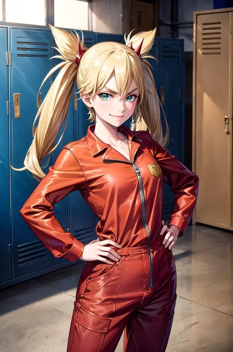 (masterpiece, best quality, detailed), 1girl, solo, looking at viewer, ninny, twintails, blonde, 
(mechanic, orange jumpsuit), locker room, locker, indoors, bench, hands on hips, smile, smug, closed mouth, v-shaped eyebrows