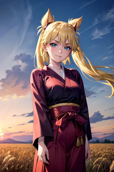 (masterpiece, best quality, detailed), 1girl, solo, looking at viewer, ninny, twintails, blonde,
(samurai), japanese armor, kusazuri, sode, kote, sheath, japanese clothes, hakama, outdoors, wheat, wheat field, sky, cloud, wind, sunset, <lora:breasts_squeez...