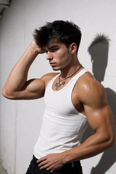 (from the side) <lora:Wet_Mop_hairstyle:1> photo of a muscular handsome 19-year-old male wearing a tank top and black jeans, white wall background, harsh shadows, Terry Richardson style, wet mop hairstyle, necklace, arm tattoo,