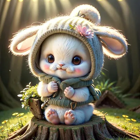 holding camera, tree_stump, flowers, adorable , fluffy, photorealistic, soft lighting, <lora:rabbitrabbit_v10:1>