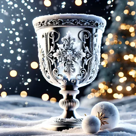 (chalice|goblet),winter backround,bokeh,high detailed,SnowStyle,<lora:SDXLFestiveSnow:1>,