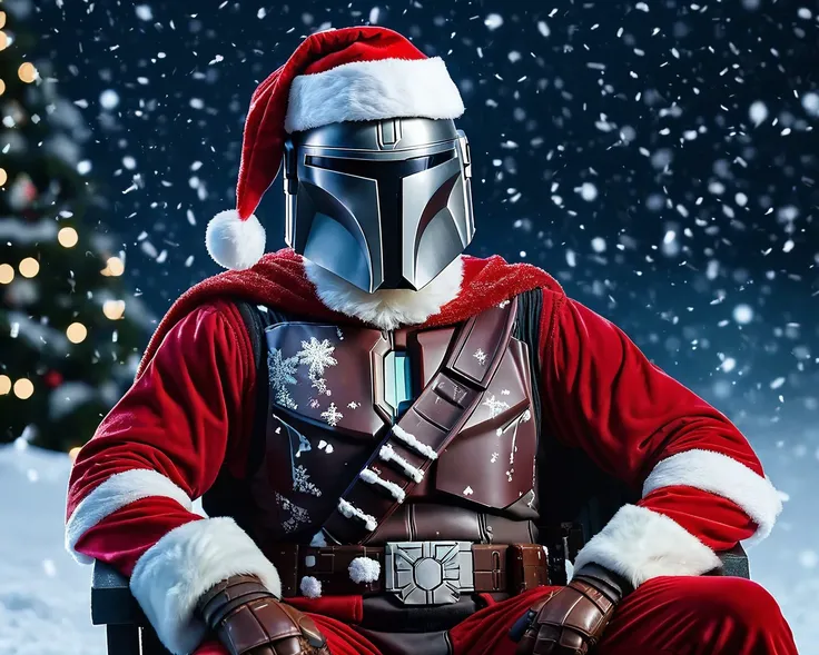 santasleigh,the mandalorian wearing a santa costume and a santa hat, sitting on santasleigh,night,snow,highly detailed,photography, ultra sharp,film, professional,Mandalorian1024, <lora:add-detail-xl:1.0>, <lora:SDXLFestiveSnow:0.4>