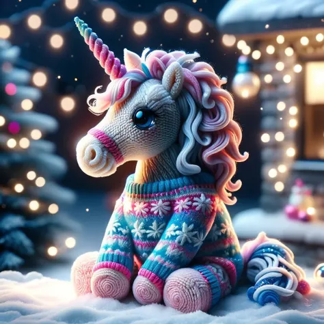 an adorable little pink and blue unicorn plushie sitting in the snow, festive holiday lights, bokeh, adorable <lora:SDXLChristmasSweater:0.5> ChristmasSweater <lora:SDXLFestiveSnow:0.5> SnowStyle