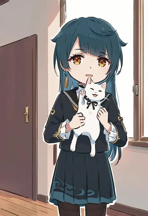 anime girl holding a white cat in her hands