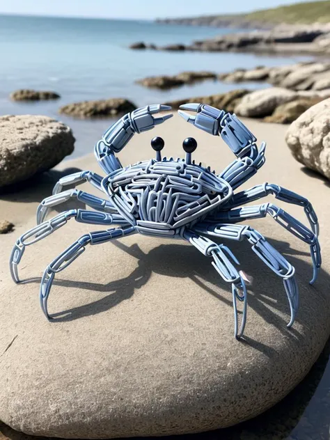 a close up of a crab made out of wire on a rock