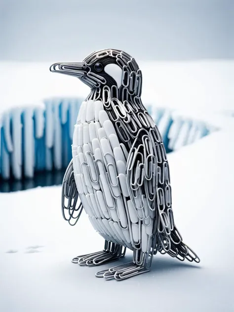 a close up of a penguin made of chains and chains