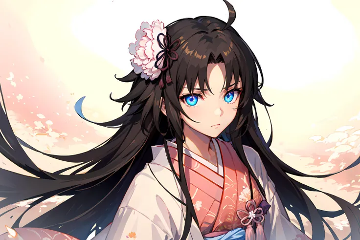 masterpiece, best quality, absurdres,1girl, <lora:more_details:0>,
<lora:ryougi_shiki_v1:0.8>, hmshiki, very long hair, ahoge, hair flower, hair ornament, blue eyes, floral print, (layered clothes:1.2), japanese clothes, upper body, simpel background, seri...