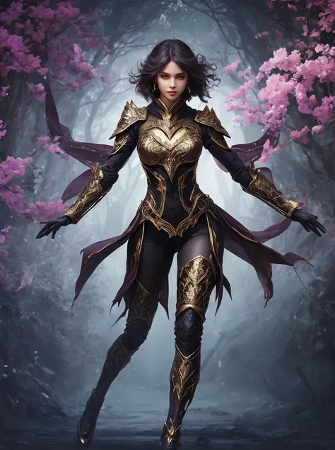 mysterious [girl|woman] in arcane [outfit|armor], long legs, wide stance, [action pose], blurry background, bokeh, [elevate the quality to a professional level paying special attention to key features and details, craft images with sophisticated design and...