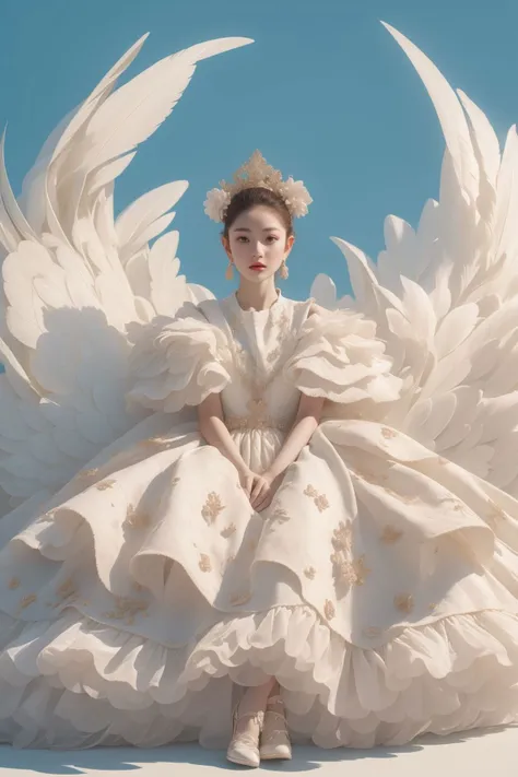 a woman in a white dress with large white wings