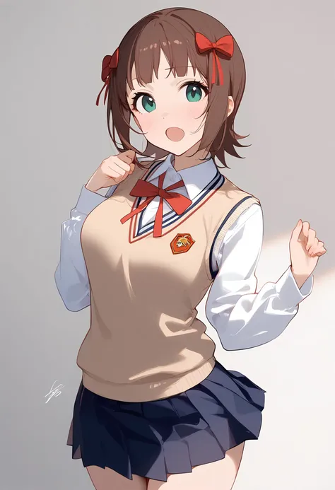 1girl,amami haruka,blush,long sleeves,looking at viewer,open mouth,red ribbon,solo,d,collared shirt,neck ribbon,pleated skirt,school uniform,sweater vest,simple background,white background,white shirt,blue skirt,red bow,signature,breasts,cowboy shot,standi...