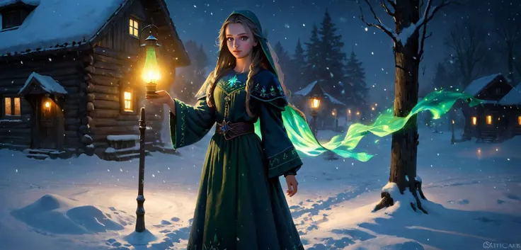 ((full body)), Young slavic girl holding a lamp with blue and green flames, in a dark snowy village, moon light, snow fall, bright eyes in the shadows,  <lora:greg_rutkowski_xl_v3:0.8> Greg Rutkowski