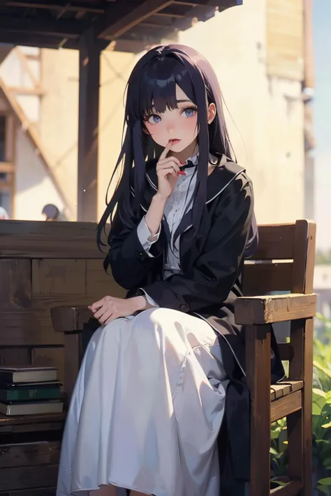 anime girl sitting on a bench with her hand on her chin