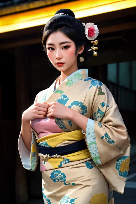 araffe woman in a kimono dress is standing outside