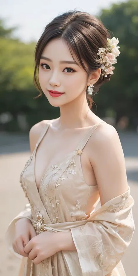 best quality,realistic photo,(beauty hair,ostentatious hair accessories,gorgeous hair accessories,light smile:1.15),
,( hanfu ,slim waist:1.27),naked body girl,light smile,happy,((((upper body,real face photo,outdoor background,background blur)))),big eyes...