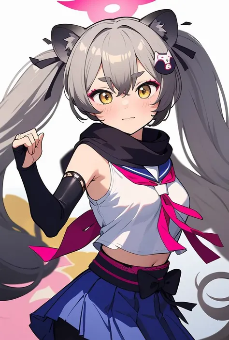 (masterpiece, best quality), 1girl, <lora:michiru_scarxzys:0.8> michiru, yellow eyes, grey hair, long hair, twintails, hair ornament, animal ears, raccoon tail, halo, school uniform, sailor collar, pink neckerchief, blue skirt, black pantyhose, floral prin...