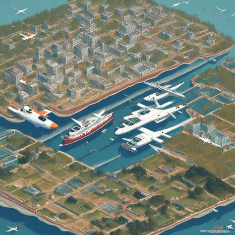 isklzks, no humans, tree, building, water, watercraft, aircraft, island, boat, airplane, scenery, no humans, isometric view, dio...