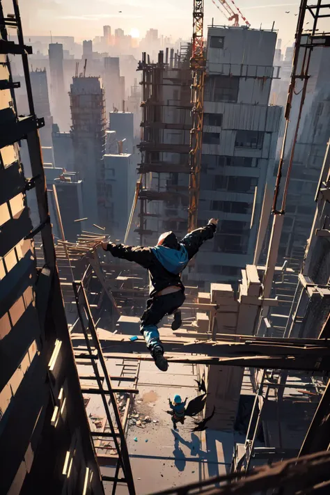 arafed man on a ledge in a city with a construction crane