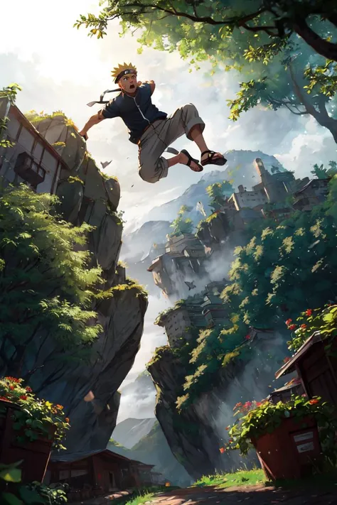 (masterpiece, best quality, ultra detailed), delicate pattern, detailed background, super fine concept art, fisheye lens, at dawn, 
1boy, uzumaki naruto, serious, shouting, <lora:Naruto:0.8>, 
parkour,  <lora:Parkour:0.6>, 
konohavillage, forest, tree, <lo...