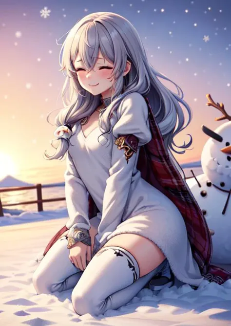 uzaki tsuki, smirk,   flat chest:1.4, full body, outdoors, winter, looking at viewer,hair between eyes, winter clothes, kneehighs, winter coat, snow,neckline, closed eyes, thigh boots, snowing, snowflakes, snowman, 
<lora:uzaki tsuki 3:0.8> <lora:GoodHands...