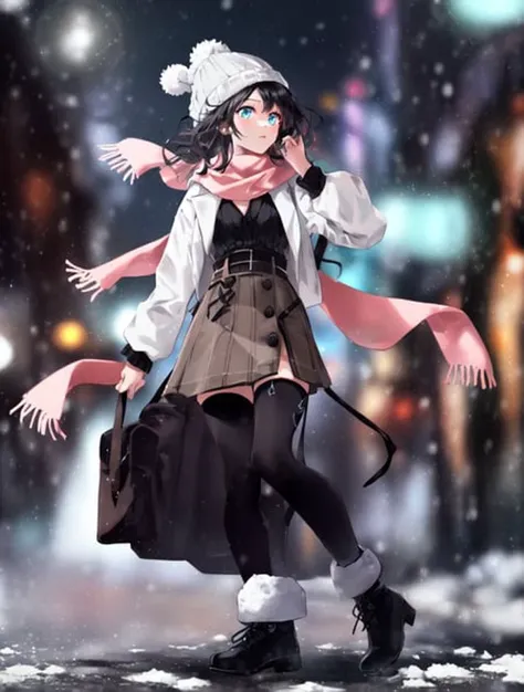 anime girl in winter clothes walking down the street with a bag