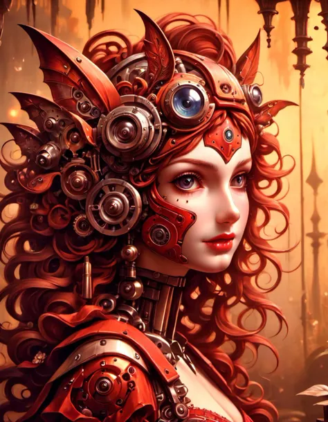 a woman with red hair and a red helmet with gears on her head