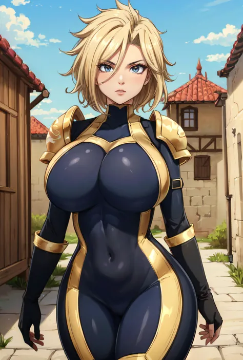 (masterpiece, best quality, ultra detailed, absurdres:1.5), 1girl, (sexy, beautiful woman, perfect face, perfect eyes, perfect female body, medium breasts:1.5), (dimaria yesta, short hair, blonde hair, spiked hair, hair between eyes, blue bodysuit, long sl...