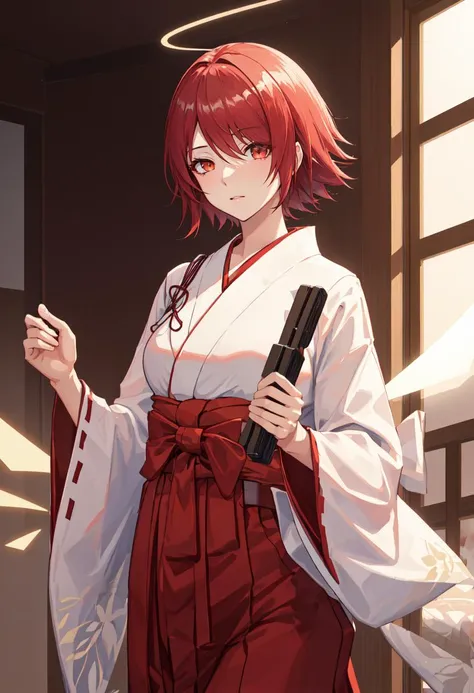 best quality, masterpiece, highres, solo, (exusiai_arknights:1.10), (white kimono:1.35), (red hakama:1.35), (wide sleeves:1.20), 22 <lora:exusiai_arknights:0.80>